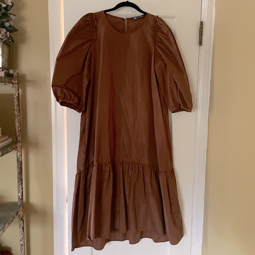 Zara Warm Brown Taffeta Dress Size XL